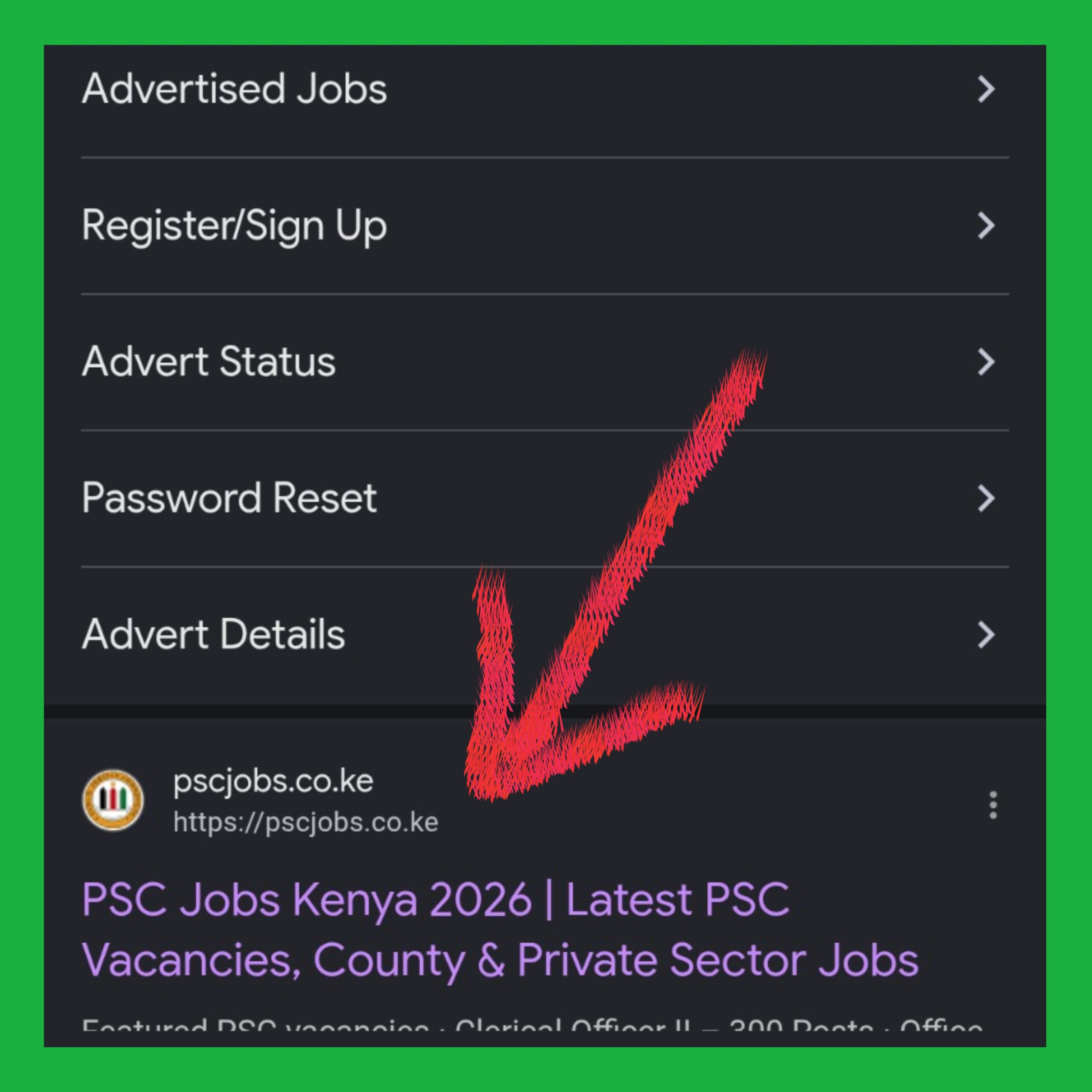 PSCJobs search results screenshot showing the exact site to open